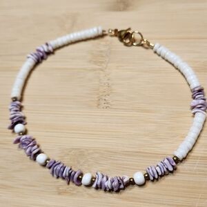 Hand Crafted Purple and White Beaded Ankle Bracelet Anklet Shells